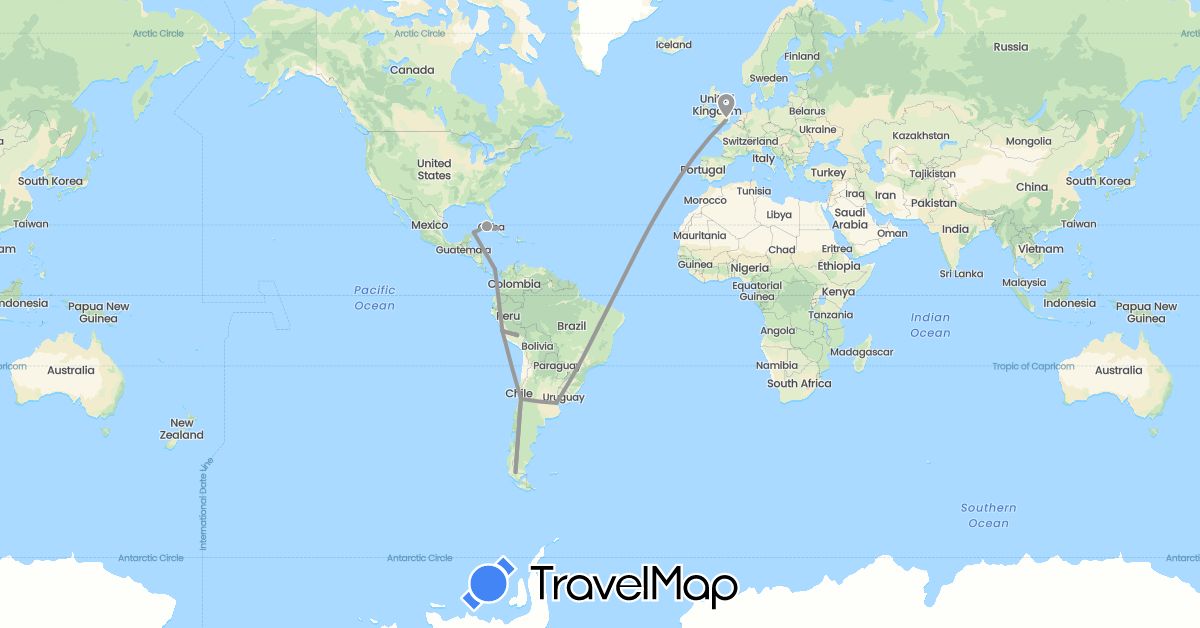 TravelMap itinerary: driving, plane in Argentina, Chile, Cuba, United Kingdom, Mexico, Panama, Peru (Europe, North America, South America)